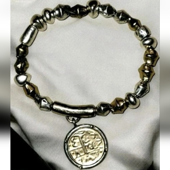 Chico's Gold & Silver Tone Faux Ancient Coin Charm Beaded Stretch Bracelet - Picture 1 of 5
